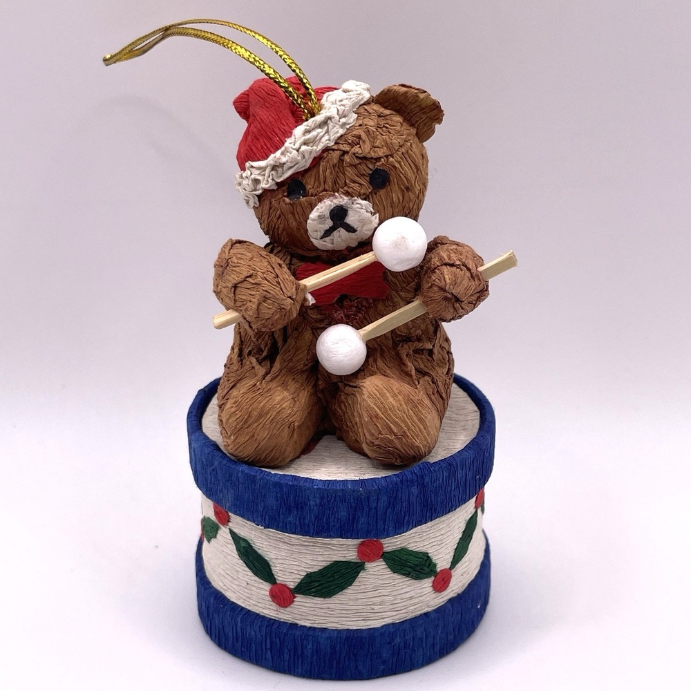 Vintage‎ Crepe Paper Mache Teddy Bear Drummer 3.5" Christmas Ornament Holiday